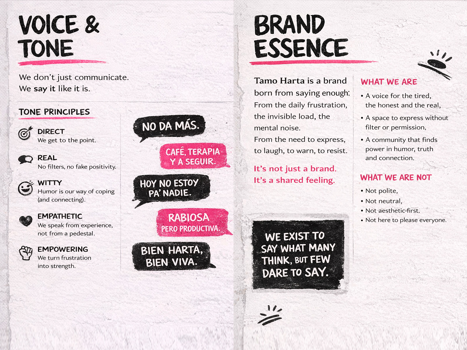 Tamo Harta — Voice and Tone and Brand Essence spread
